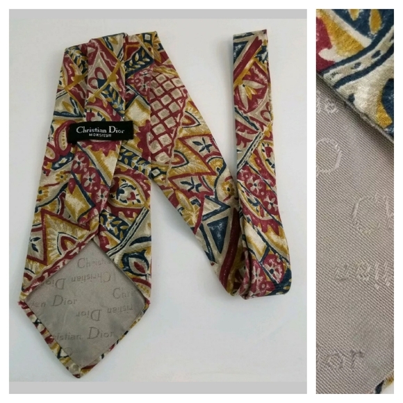 Christian Dior Silk Tie Mustard Dark Pink Blue - Picture 5 of 8